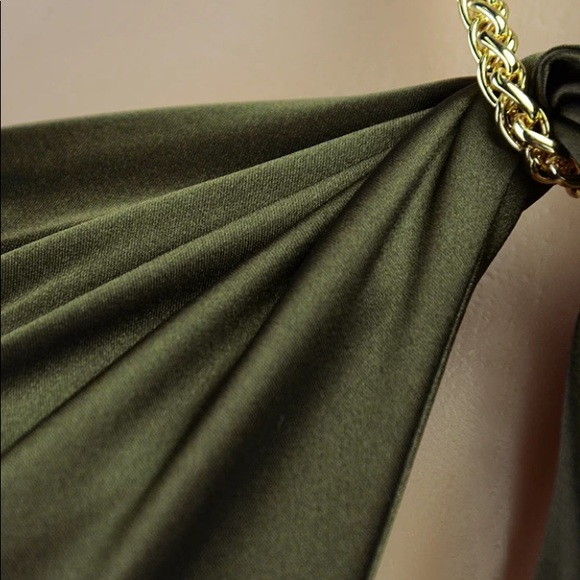 NEW Olive Silky Satin Wrap Chain Halter Crop Top - Picture 10 of 16